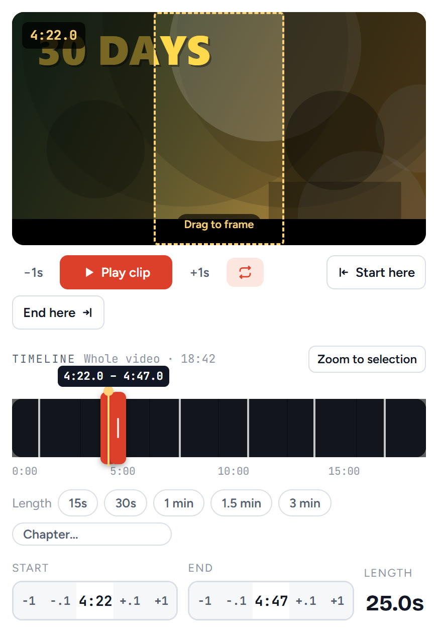 Tube Snip clip editor with a 25-second moment selected on the timeline and a 9:16 frame on the video